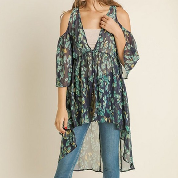 Des Feli Tops - Floral Cold Shoulder Sheer Duster